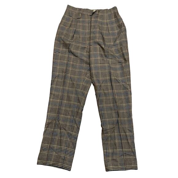 Nanushka Mitsu Pleat Front‎ Straight Cropped pants Check Plaid Brown Women's M - Picture 2 of 8